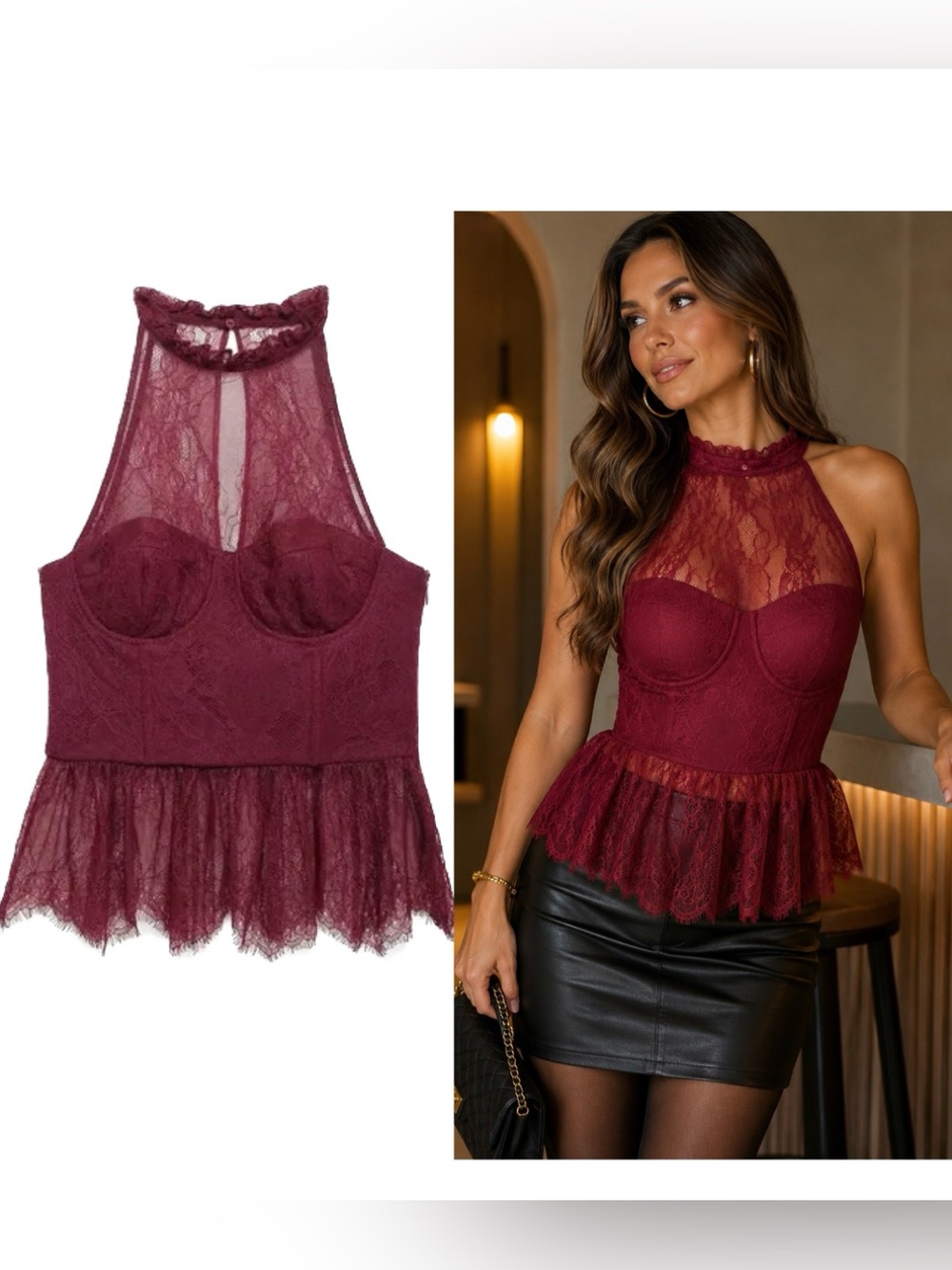 ZARA Burgundy Lace Halter Peplum Bustier Top Size M Romantic Evening Blouse NWOT